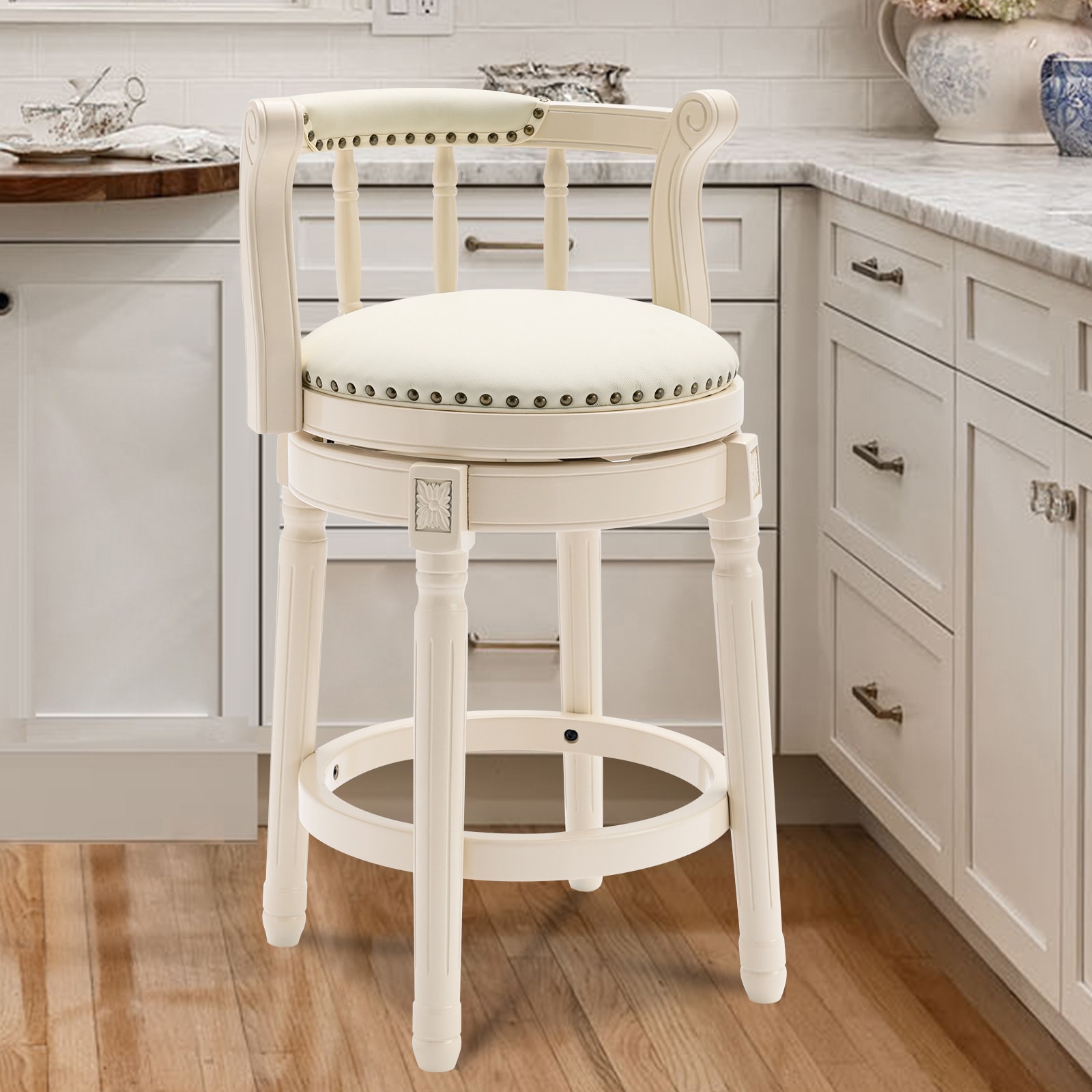 Bar Stools Seat Height 26'' Leather Wooden Bar Stools 360 Degrees Swivel Barstools Chair for Home Kitchen 1pc